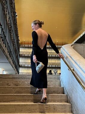 Sezane Vivianne Ribbed Open Back Merino Wool Sweater Midi Dress